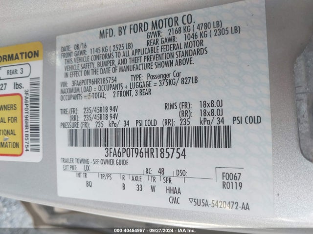Ford FUSION SE 2017 3FA6P0T96HR185754 Image 9