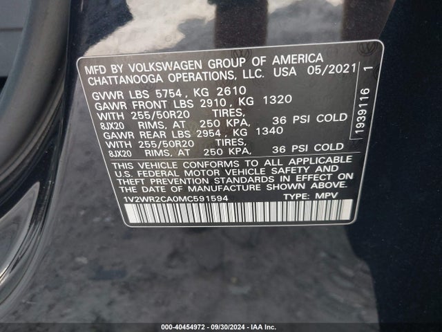 1V2WR2CA0MC591594 Volkswagen Atlas 3.6l V6 Se W/technology