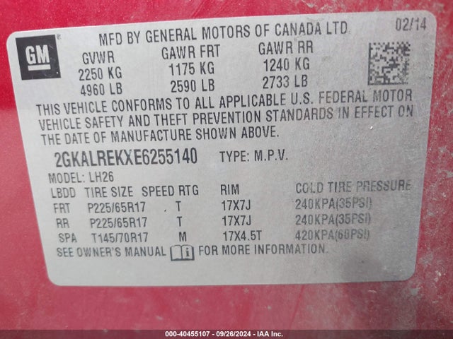 GMC Terrain Sle-2 2014 2GKALREKXE6255140 Image 9