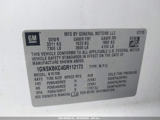Chevrolet Tahoe Lt 2016 1GNSKBKC4GR112173 Image 9