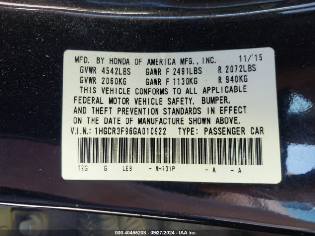 1HGCR3F96GA010922 Honda Accord Touring