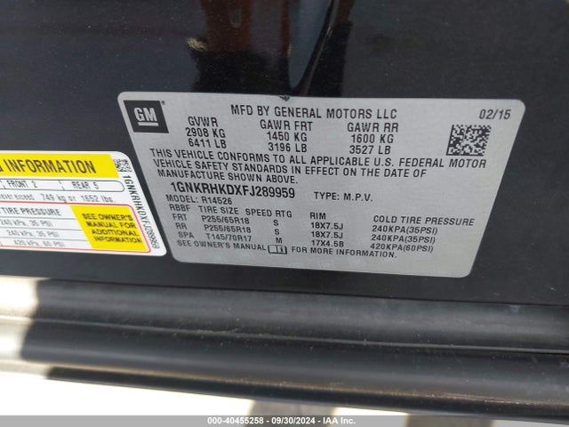 Chevrolet Traverse 2lt 2015 1GNKRHKDXFJ289959 Image 9