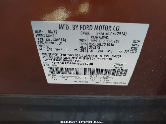 Ford EXPLORER XLT 2017 1FM5K7D85HGD85790 Image 9