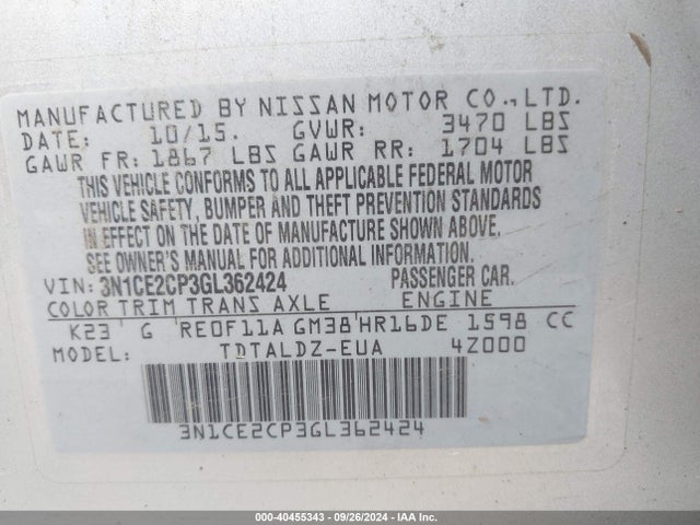 Nissan Versa Note S (sr)/s Plus/sl/sr/sv 2016 3N1CE2CP3GL362424 Image 9