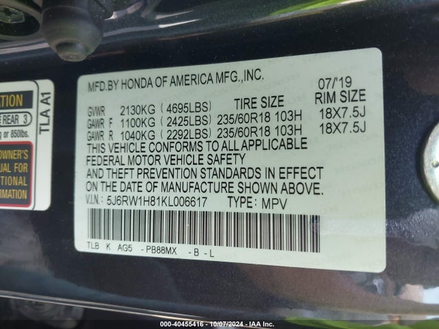 Honda Cr-v Ex-l 2019 5J6RW1H81KL006617 Image 9