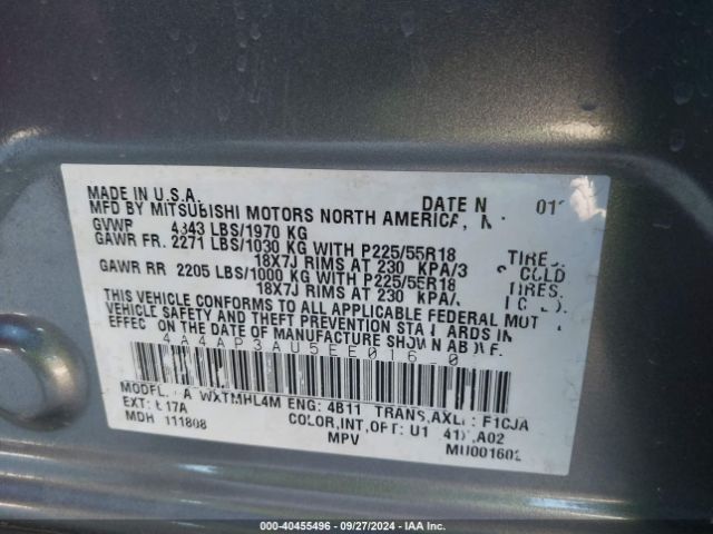4A4AP3AU5EE016202 Mitsubishi Outlander Sport Es