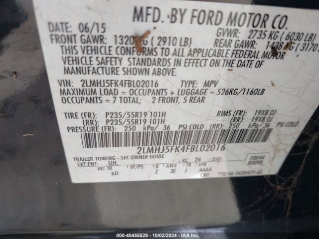 2LMHJ5FK4FBL02016 Lincoln MKT