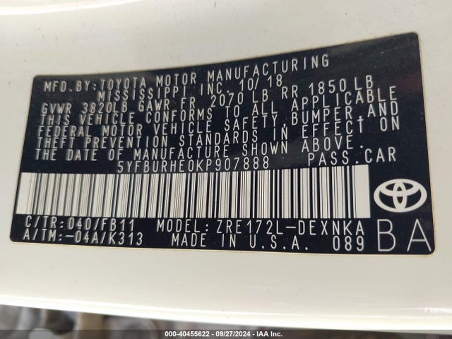 Toyota COROLLA LE 2019 5YFBURHE0KP907888 Image 9
