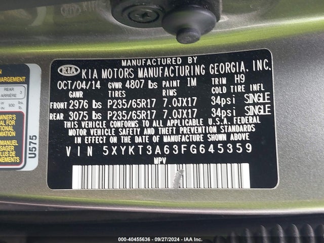 KIA SORENTO LX 2015 5XYKT3A63FG645359 Image 9