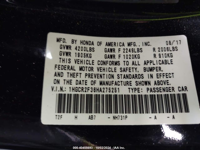 Honda ACCORD LX 2017 1HGCR2F36HA275251 Image 9