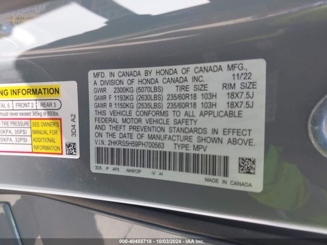 2HKRS5H59PH700563 Honda Cr-v Hybrid Sport