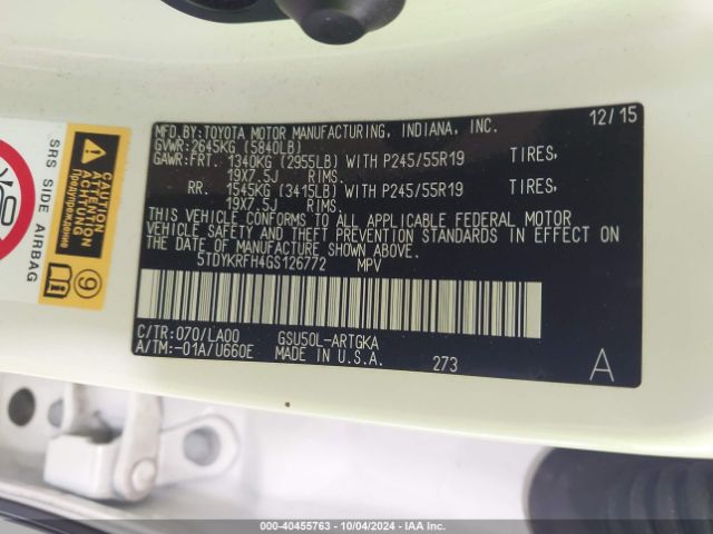 5TDYKRFH4GS126772 Toyota Highlander Limited V6