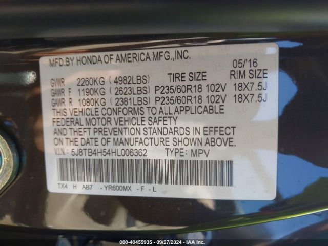 5J8TB4H54HL006362 Acura Rdx Technology Package/w/technology/acurawatch Plus Pkg