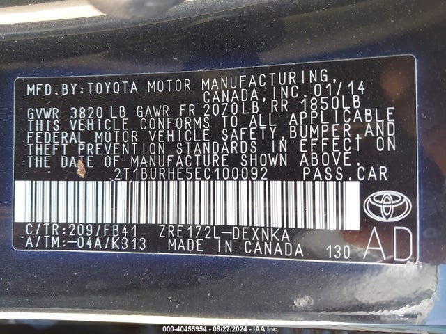 Toyota COROLLA LE 2014 2T1BURHE5EC100092 Image 9