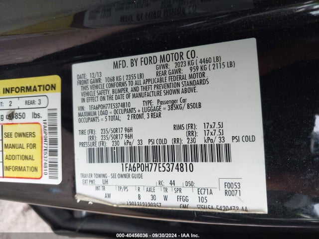 Ford FUSION SE 2014 1FA6P0H77E5374810 Image 9