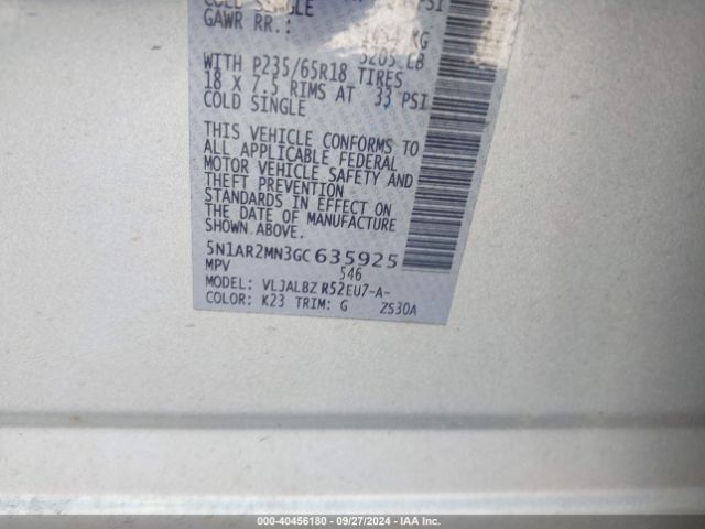 5N1AR2MN3GC635925 Nissan Pathfinder Platinum/s/sl/sv