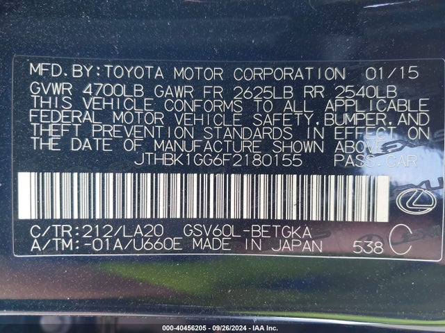 Lexus ES 350 2015 JTHBK1GG6F2180155 Image 9