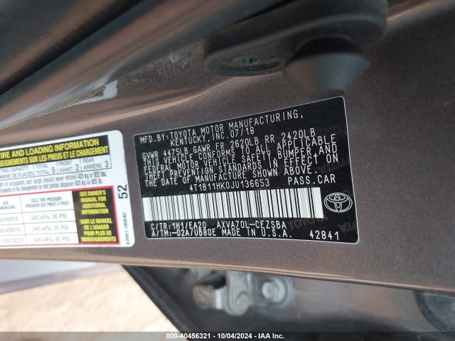 4T1B11HK0JU136653 Toyota CAMRY SE