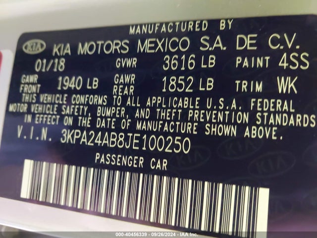 Продаж на аукціоні авто 2018 Kia Rio S, vin: 3KPA24AB8JE100250, номер лоту: 40456339