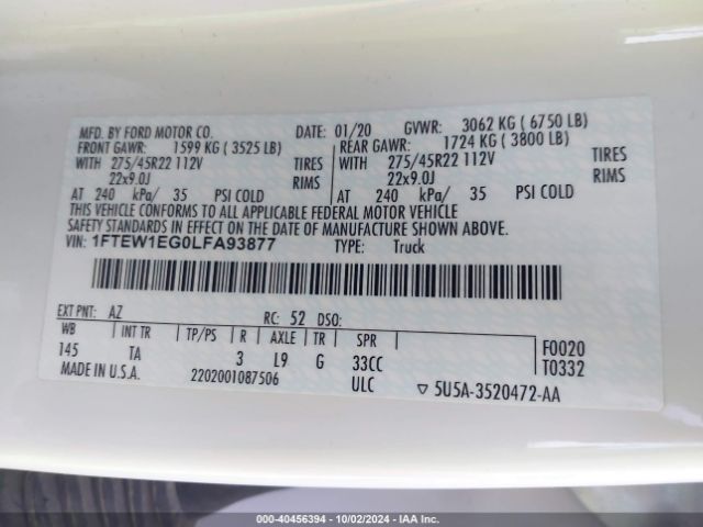 Ford F-150 Limited 2020 1FTEW1EG0LFA93877 Image 9