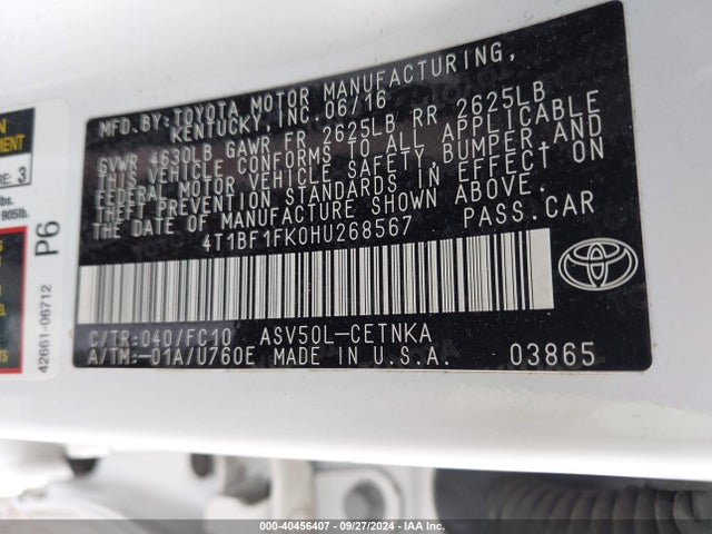 Продаж на аукціоні авто 2017 Toyota Camry Le, vin: 4T1BF1FK0HU268567, номер лоту: 40456407