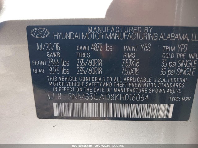 5NMS3CAD8KH016064 Hyundai Santa Fe Sel Plus