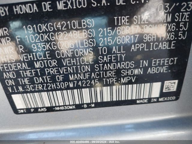 3CZRZ2H30PM742245 Honda Hr-v Awd Lx