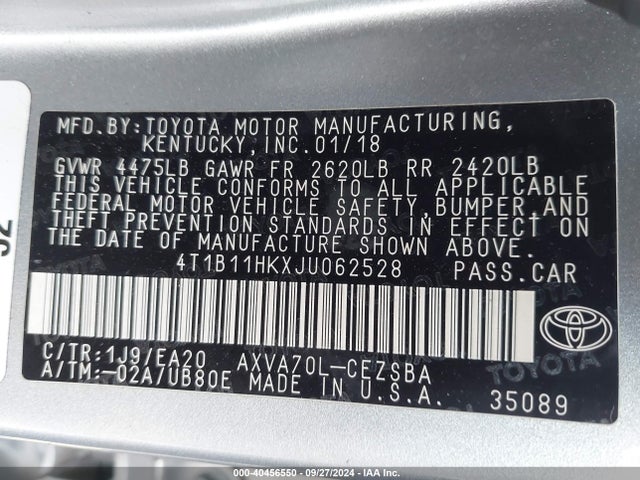 Toyota CAMRY SE 2018 4T1B11HKXJU062528 Image 9