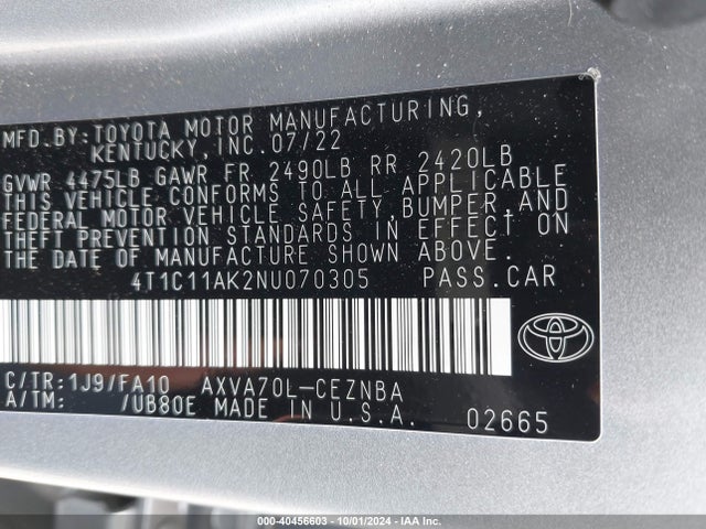 Toyota CAMRY LE 2022 4T1C11AK2NU070305 Image 9