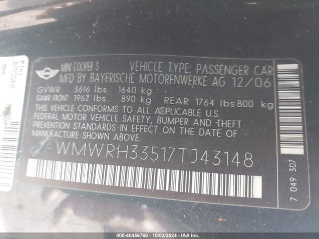 2007 MINI COOPER S WMWRH33517TJ43148 Photo 8