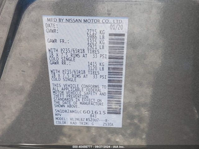 5N1DR2AM1LC601615 Nissan Pathfinder S 4wd
