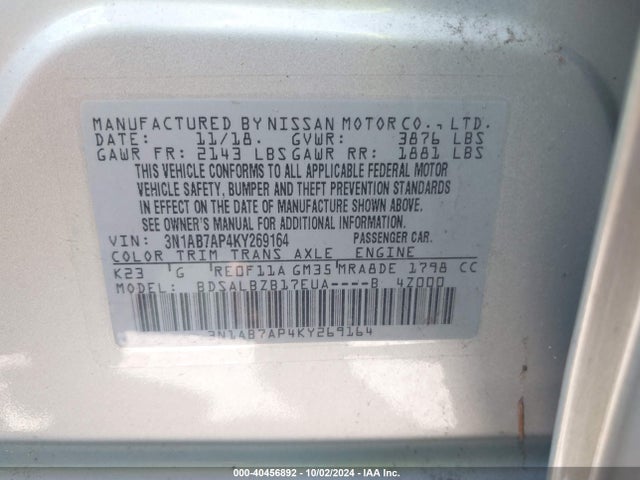 Продажа на аукционе авто 2019 Nissan Sentra S, vin: 3N1AB7AP4KY269164, номер лота: 40456892