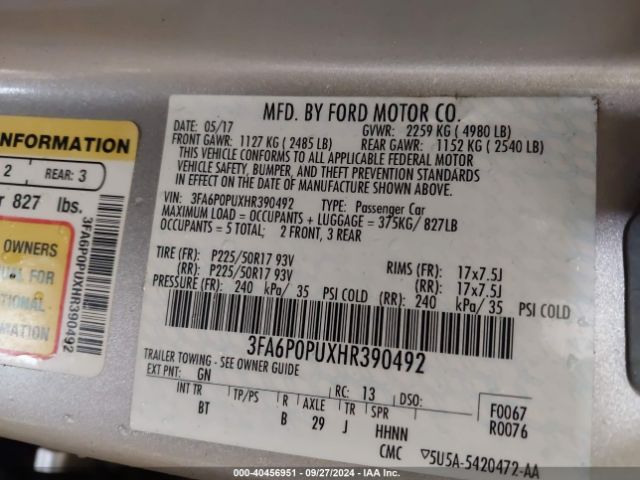 3FA6P0PUXHR390492 Ford Fusion Energi Se Luxury