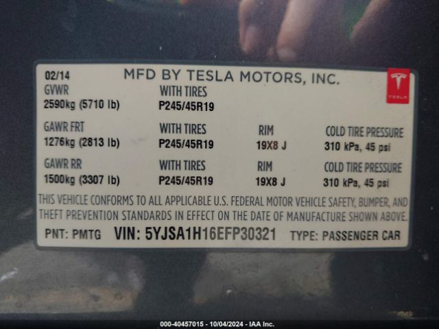 5YJSA1H16EFP30321 Tesla Model S P85