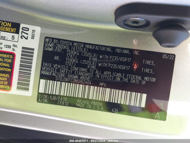 5TDJSKFC2NS062404 Toyota SIENNA XLE