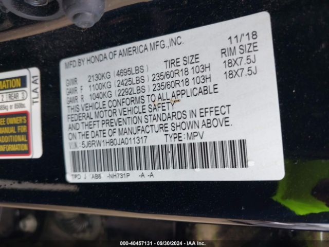 5J6RW1H80JA011317 Honda Cr-v Ex-l/ex-l Navi