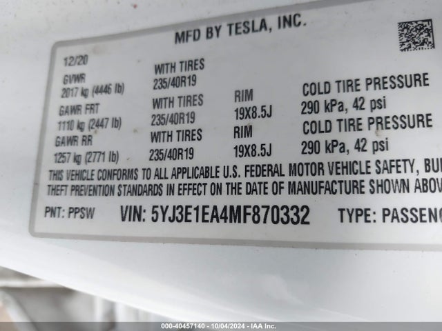 2021 TESLA MODEL 3 5YJ3E1EA4MF870332 Photo 8
