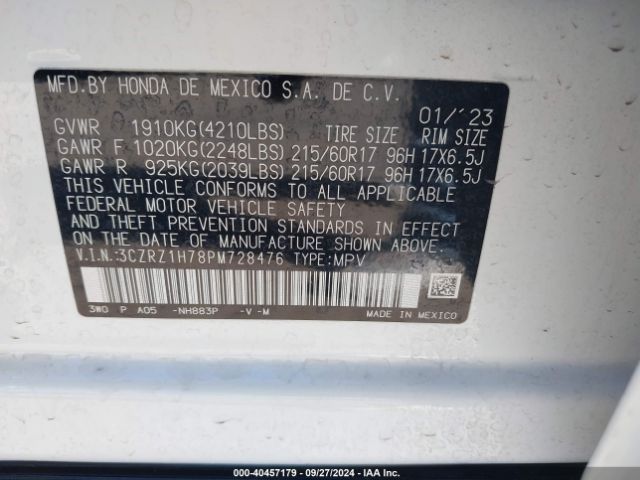3CZRZ1H78PM728476 Honda Hr-v 2wd Ex-l