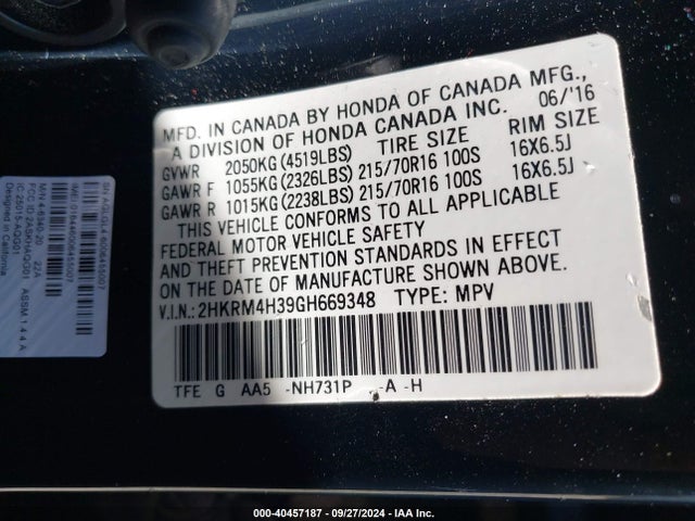 Honda CR-V LX 2016 2HKRM4H39GH669348 Image 9