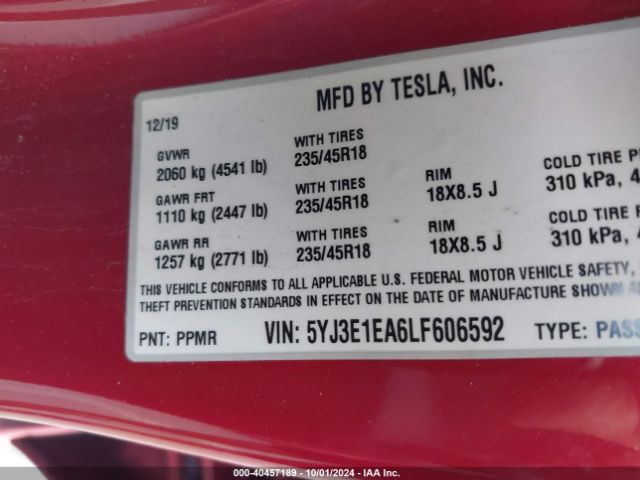 5YJ3E1EA6LF606592 Tesla Model 3 Standard Range Plus Rear-wheel Drive/standard Range Rear-wheel Drive