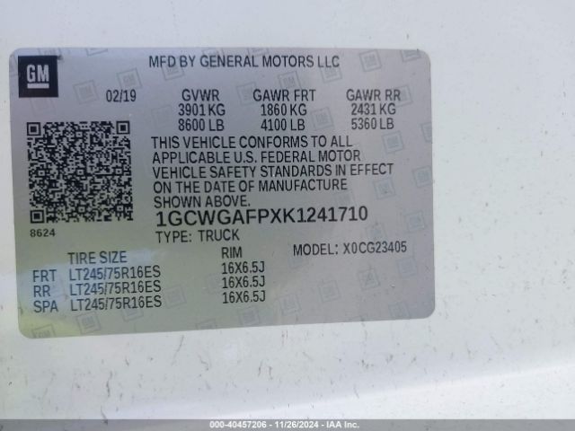 1GCWGAFPXK1241710 Chevrolet Express 2500 Work Van