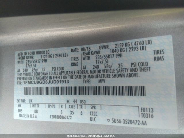 Ford ESCAPE SE 2018 1FMCU9GD8JUD01913 Image 9