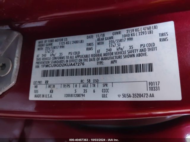 1FMCU9GD2KUA47276 Ford ESCAPE SE