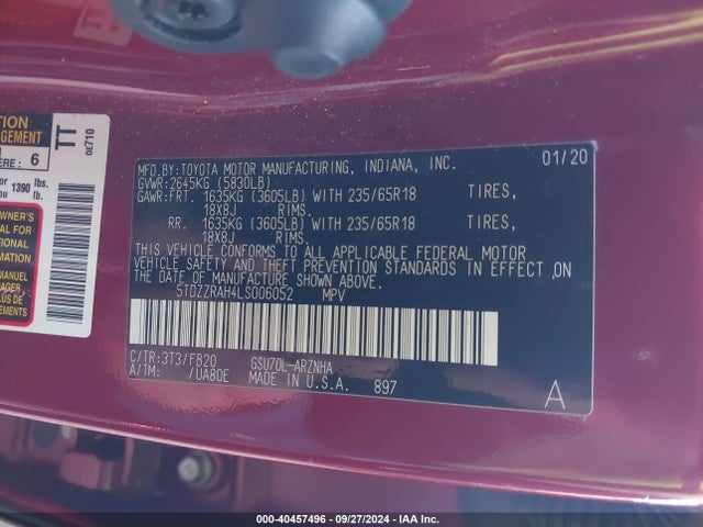 Toyota Highlander Le 2020 5TDZZRAH4LS006052 Image 9