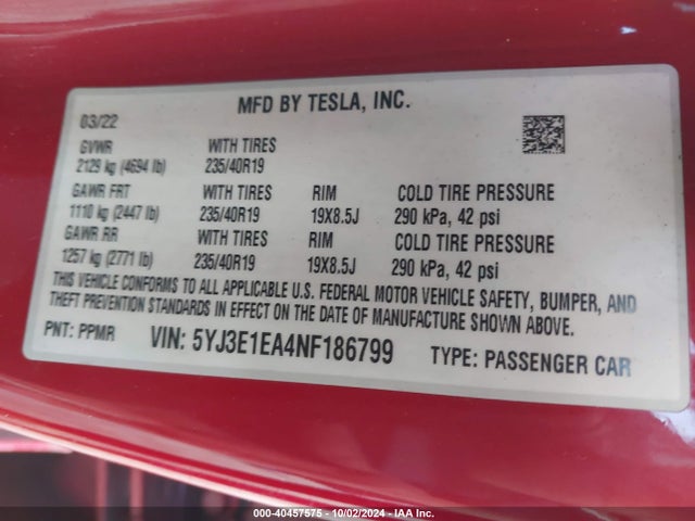 2022 TESLA MODEL 3 5YJ3E1EA4NF186799 Photo 8