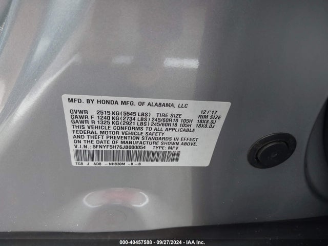 Honda Pilot Ex-l 2018 5FNYF5H76JB000054 Image 9