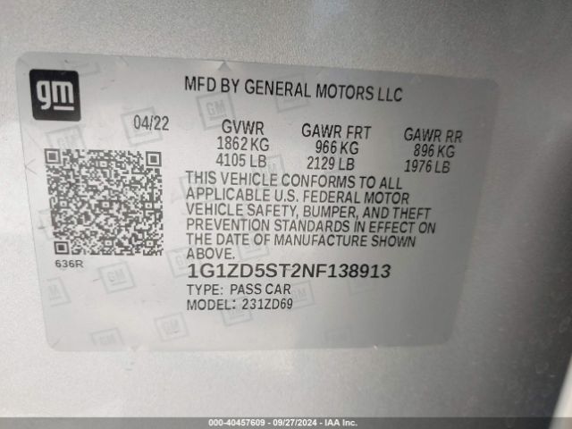 1G1ZD5ST2NF138913 Chevrolet Malibu Fwd Lt