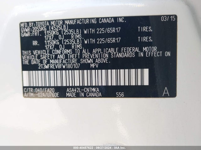 Toyota Rav4 Xle 2015 2T3WFREV8FW180107 Image 9