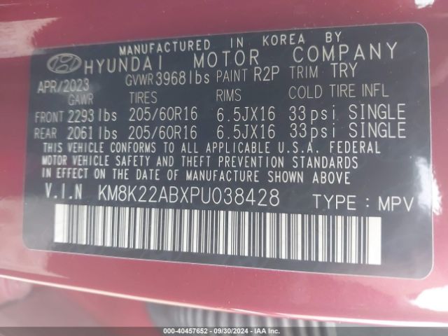 KM8K22ABXPU038428 Hyundai Kona Se