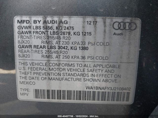 WA1BNAFY3J2108402 Audi Q5 2.0t Premium/2.0t Tech Premium